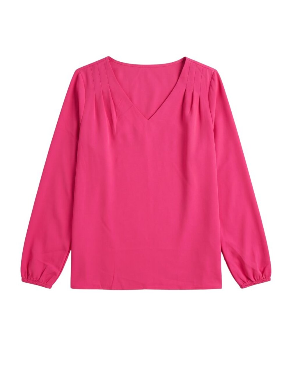 NWOT | Hot Pink Pleated V-Neck Long Sleeve Blouse Elastic Cuffs Large